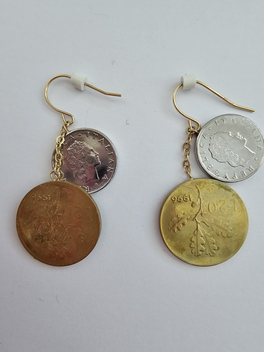 Vintage Italy 20 & 50 Lire Coin Dangle Earrings – Signed JCM 14K Solid Gold Wire